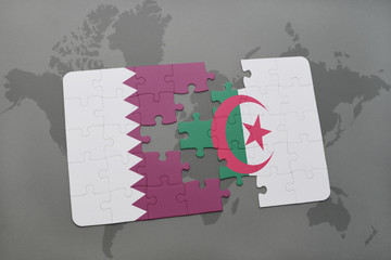 puzzle with the national flag of qatar and algeria on a world map background.