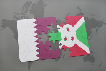 puzzle with the national flag of qatar and burundi on a world map background.