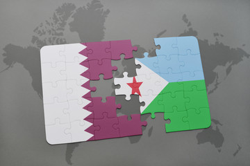 puzzle with the national flag of qatar and djibouti on a world map background.