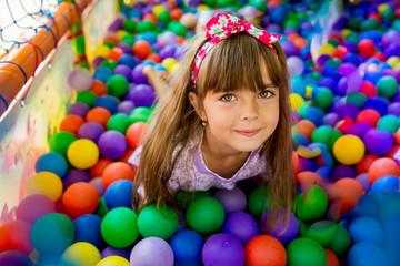 Fototapeta na wymiar Happy little girl sitting in colourful balls