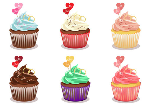 Set of colorful sweet cupcakes with decorations