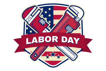 Labor day badge emblem with wrenches and American flag.