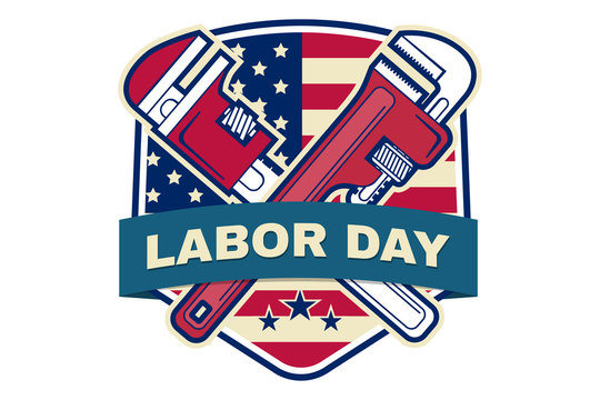 Labor day badge emblem with wrenches and American flag.