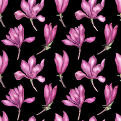 Delicate pink magnolia seamless pattern on black background, watercolor illustration