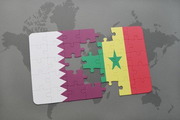 puzzle with the national flag of qatar and senegal on a world map background.