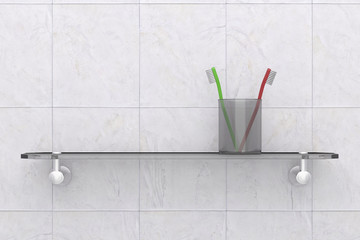 Two Toothbrushes in Glass Cup on Bathroom Shelf, metaphor of a couple in a relationship having an argument: arguing, quarrel, divorce, broken love, separation