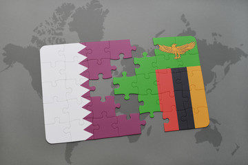 puzzle with the national flag of qatar and zambia on a world map background.