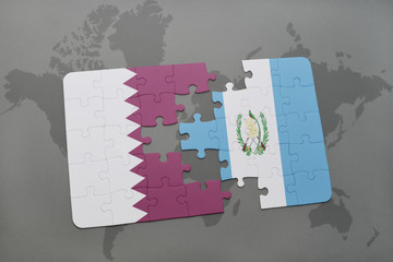puzzle with the national flag of qatar and guatemala on a world map background.