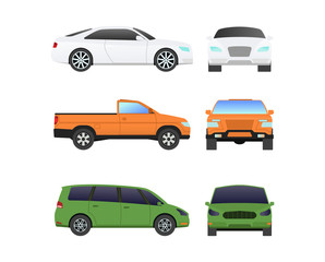 Different car vehicle transport type design sign technology style vector. Generic car different design flat vector illustration isolated on white. Pickup, sedan, bus or truck van and other car vehicle