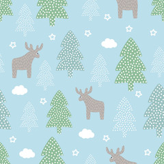 Christmas pattern - Xmas trees, deers, stars. Happy New Year nature seamless background. Forest design for winter holidays. Vector winter holidays print for textile, wallpaper, fabric, wallpaper.  - 119642682