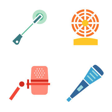 Different microphones types icons. Journalist vector microphone, interview , music studio. Web broadcasting microphone, vocal tool, tv show microphone.