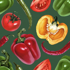 Seamless pattern with watercolor illustrations of tomato, paprik