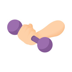 Dumbbell in hand icon in cartoon style isolated on white background. Sport symbol