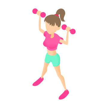 Fitness girl with dumbbells icon in cartoon style isolated on white background. Sport symbol