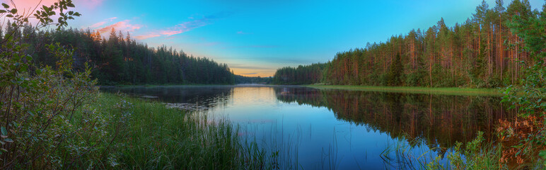 Panoramic beautiful landscape of the lake surrounded by forest in the night.