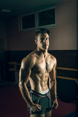 Fototapeta na wymiar Young shirtless man posing indoor