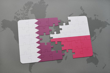 puzzle with the national flag of qatar and poland on a world map background.