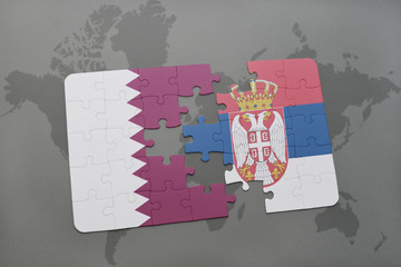 puzzle with the national flag of qatar and serbia on a world map background.