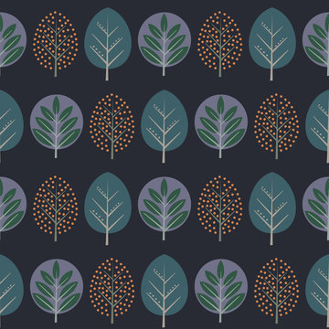 Fototapeta Leaves seamless pattern. Decorative nature background with trees. Scandinavian style autumn forest vector illustration. Design for textile, wallpaper, fabric.
