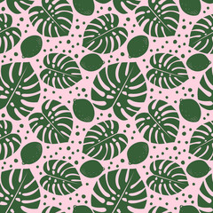 Lemons and palm leaves seamless decorative pattern. Tropical monstera leaves background with lemons and dots. Trendy Jungle illustration. Design for textile, wallpaper, fabric etc