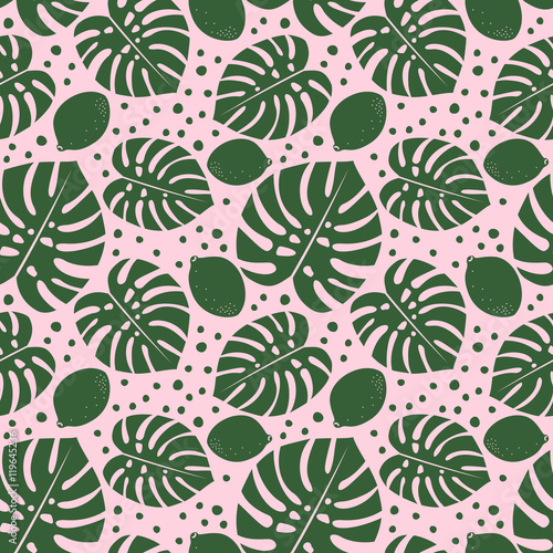 Lemons And Palm Leaves Seamless Decorative Pattern Tropical Monstera Background With Dots Lemons And Palm Leaves Seamless Decorative Pattern Tropical Monstera Background With Dots