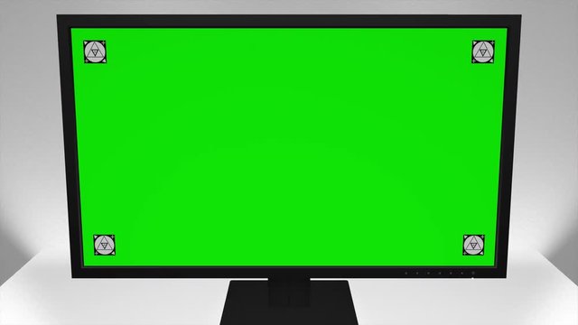 Computer Monitor / White Room / Software Presentation Mock-up. 3D animation of computer monitor with camera moving from the screen. Green screen with motion tracking markers.