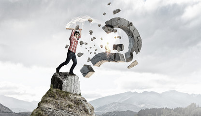 Hipster guy with bat . Mixed media