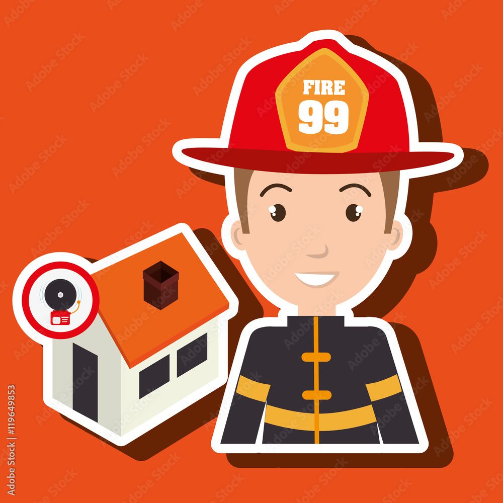 Wall mural man firefighter house fire vector illustration graphic