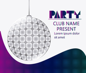disco sphere shiny party tipography celebration night card advertising icon. Colorful design. Vector illustration