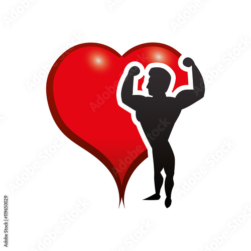 "heart man muscle healthy lifestyle fitness gym bodybuilding icon. Flat