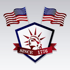 statue of liberty shield ribbon usa flag landmark patriotic united states of america icon. Colorful design. Vector illustration