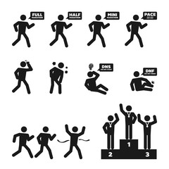 Marathon man story icon set illustration pictogram black and white color isolated on white background