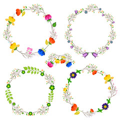 Floral Frame Collection. Set of cute retro flowers arranged un a shape of the wreath perfect for birthday cards and wedding invitations