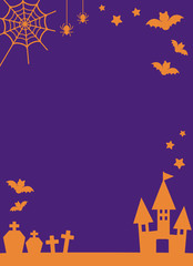 シルエット風ハロウィンデザインのコピースペース・背景　紫とオレンジ色　縦方向　ベクター素材