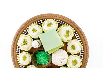 Green Lotus Spa on White Wooden Background, Flat Lay Style with Free Text Space