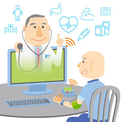 Telemedicine image, medical treatment received at home, vector illustration