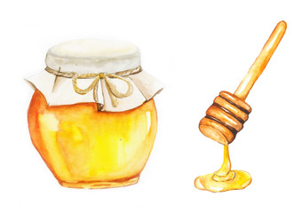 Honey, Watercolor painting isolated on white background