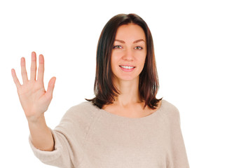 happy smiling woman showing five fingers
