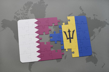 puzzle with the national flag of qatar and barbados on a world map background.