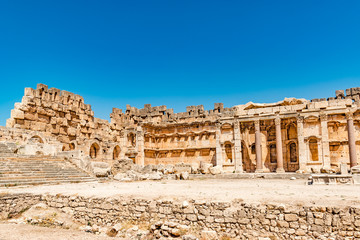 Baalbek in Beqaa Valley, Lebanon. Baalbek is located about 85 km northeast of Beirut and about 75 km north of Damascus. It has led to its designation as a UNESCO World Heritage Site in 1984.