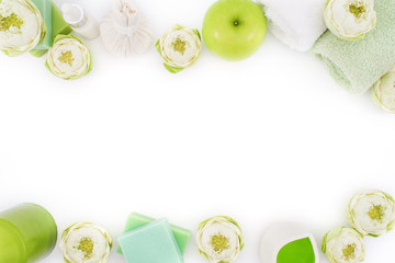 Green Lotus Spa on White Wooden Background, Flat Lay Style with Free Text Space