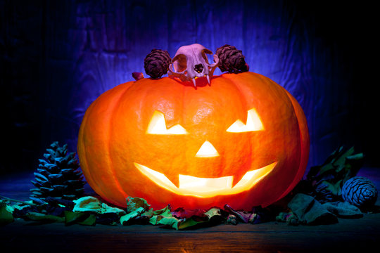 Scary Halloween pumpkin on a blue wooden background