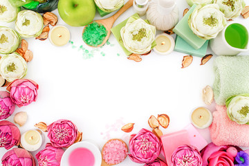 Pink and Green Lotus Spa on White Wooden Background, Flat Lay Style with Free Text Space