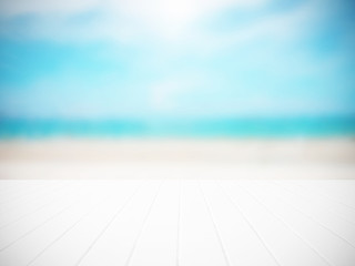 Wood floor with white blue surfing wave background. Blue cool water and sky bright with ray light. Nature wallpaper blur of sea daytime. Focus to wooden in the foreground. Timber pattern texture stage - 119654837