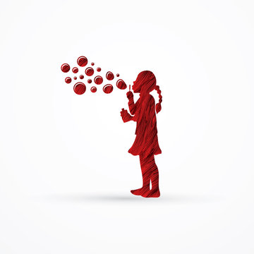 A little girl blowing soap bubbles designed using red grunge brush graphic vector.
