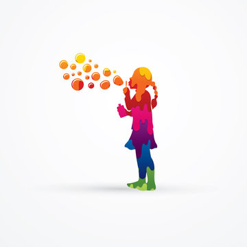 A little girl blowing soap bubbles designed using melt colors graphic vector.