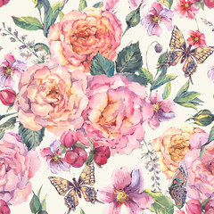 Seamless background with roses and butterfly