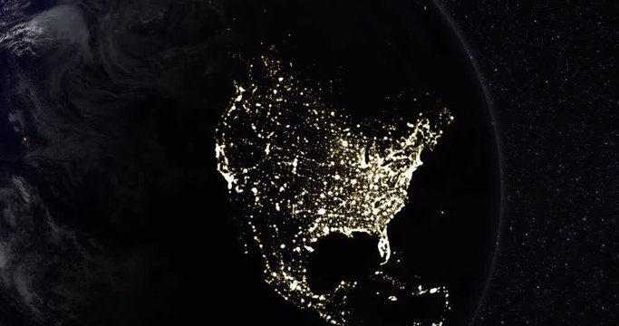 Loopable: Planet Earth / Earth from Space / Earth Globe. Planet Earth rotates in space against star background. Northern hemisphere night lights.