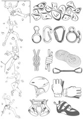 The set of attributes of equipment for climbing, silhouettes the