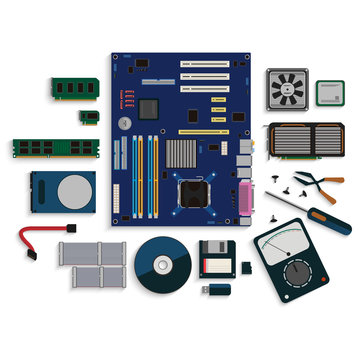 Computer hardware fix repair parts isolated background vector 